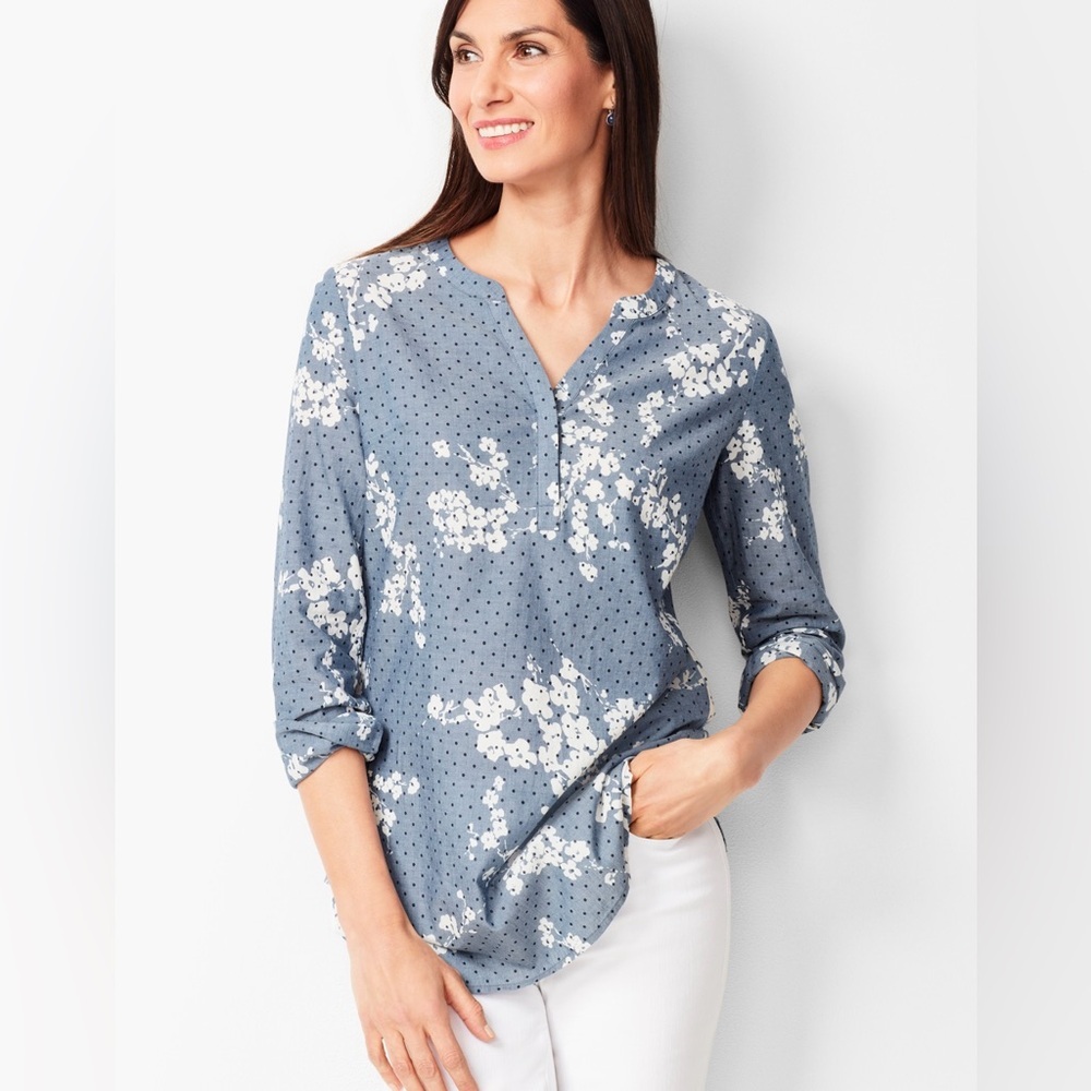 Talbots Petite Medium Blue and White Popover Top Tunic Shirt Lightweight Resort